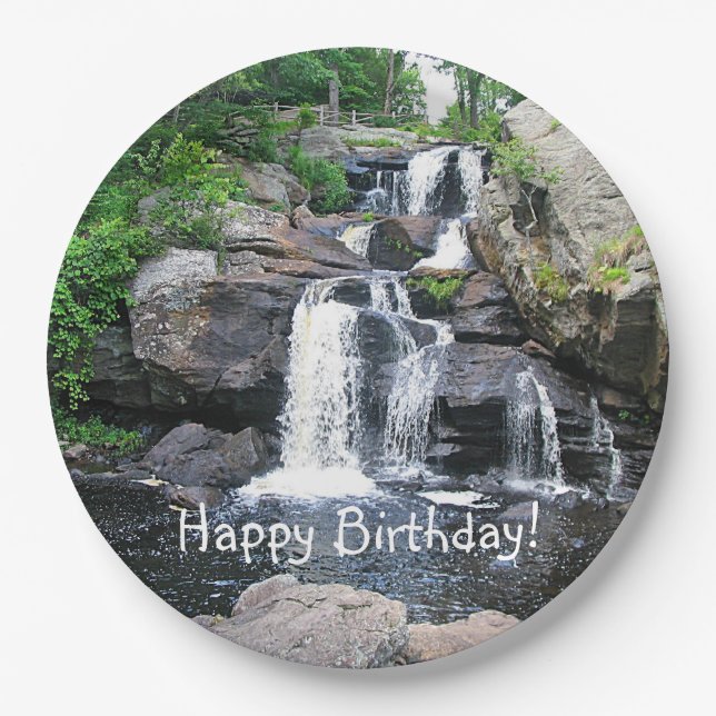 Waterfall Happy Birthday Paper Plates (Front)