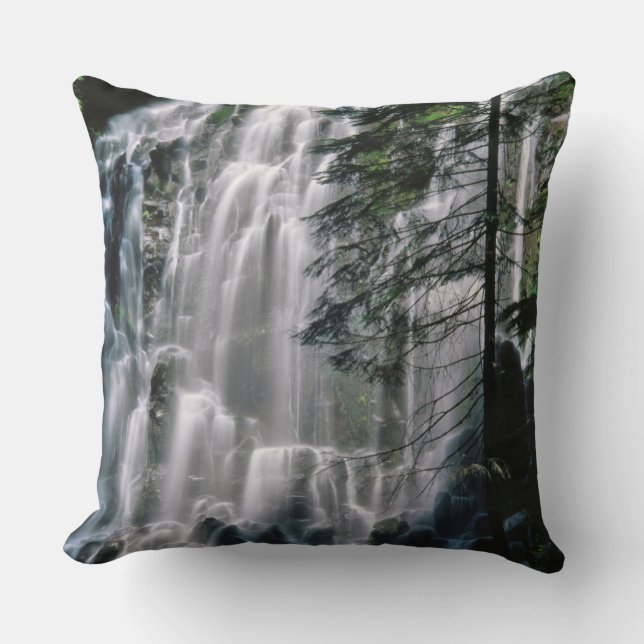 Waterfall in forest, Oregon Throw Pillow (Front)