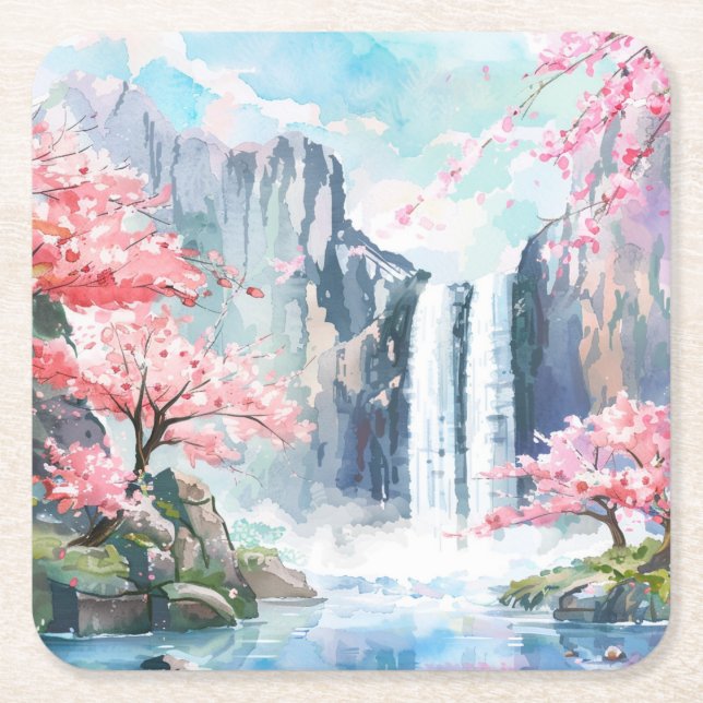 Waterfall in Spring Square Paper Coaster (Front)