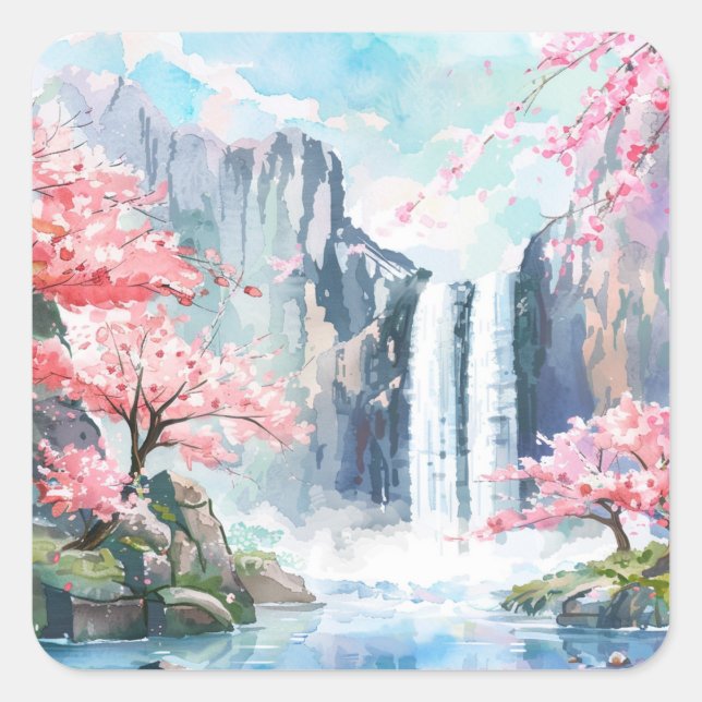 Waterfall in Spring Square Sticker (Front)