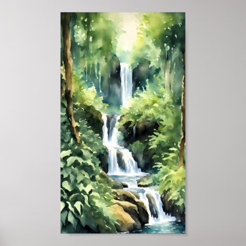 Waterfall in the Forest in Watercolor Style Poster