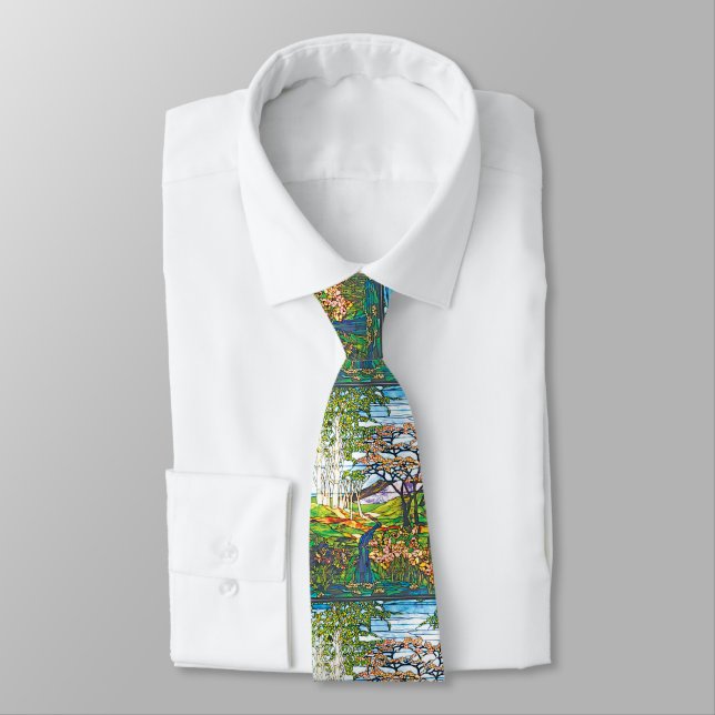 Waterfall Iris Birch Tiffany Stained Glass Window Neck Tie (Tied)
