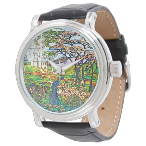 Waterfall Iris Birch Tiffany Stained Glass Window Watch