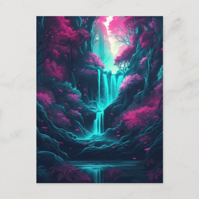 Waterfall Landscape Forest Pink Blue Fantasy Postcard (Front)