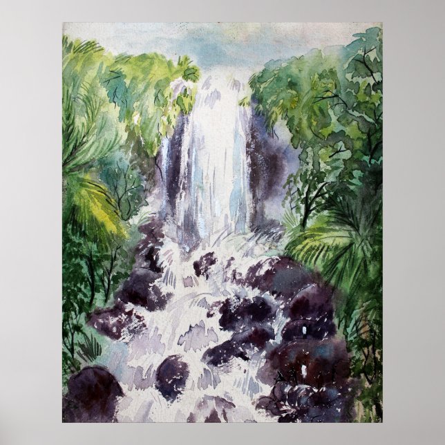 waterfall landscape watercolor on paper poster (Front)