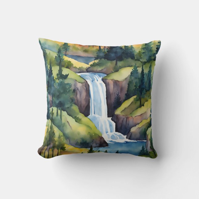 Waterfall Mountains Trees Nature Country Art Throw Pillow (Front)