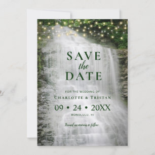 Waterfall String Lights Rustic Forest Wedding Save The Date