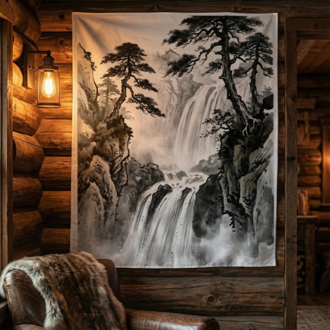 Waterfall Tapestry | Black & White Mountain Art (Creator Uploaded)