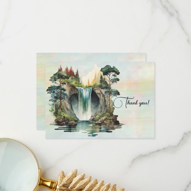 Waterfall Watercolor Painting Thank You Card (Front/Back In Situ)