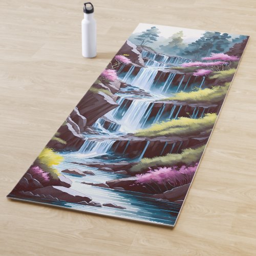 Waterfall Watercolor with Spring Flowers Painting Yoga Mat