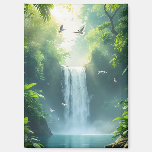 waterfall with birds flying over it magnet (Front)