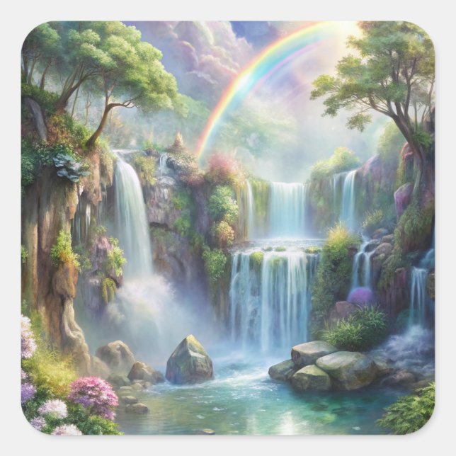 Waterfalls and Rainbow Square Sticker (Front)