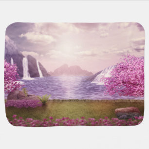Waterfalls & Cherry Trees around a Lake Baby Blanket