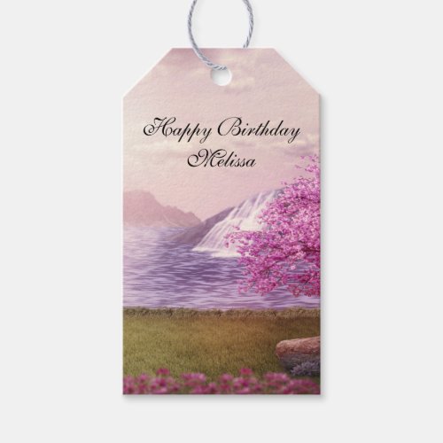 Waterfalls  Cherry Trees around a Lake Birthday Gift Tags