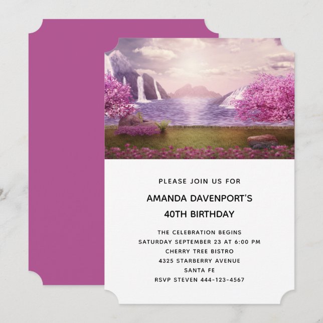  Waterfalls & Cherry Trees around a Lake Birthday Invitation (Front/Back)