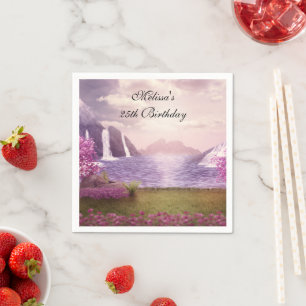 Waterfalls & Cherry Trees around a Lake Birthday Napkins