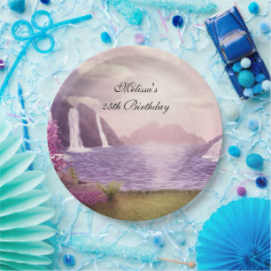 Waterfalls & Cherry Trees around a Lake Birthday Paper Plates
