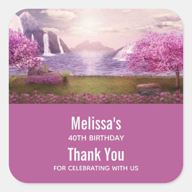 Waterfalls & Cherry Trees around a Lake Birthday Square Sticker (Front)