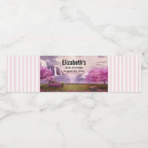 Waterfalls & Cherry Trees around a Lake Birthday Water Bottle Label