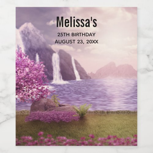 Waterfalls  Cherry Trees around a Lake Birthday Wine Label