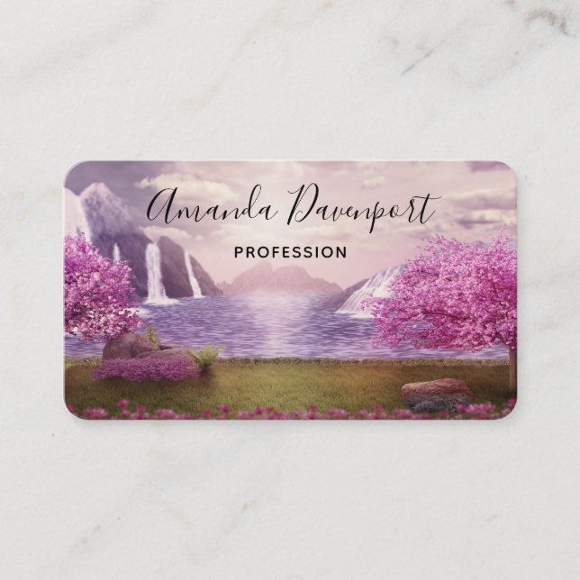 Waterfalls & Cherry Trees around a Lake Business Card (Front)