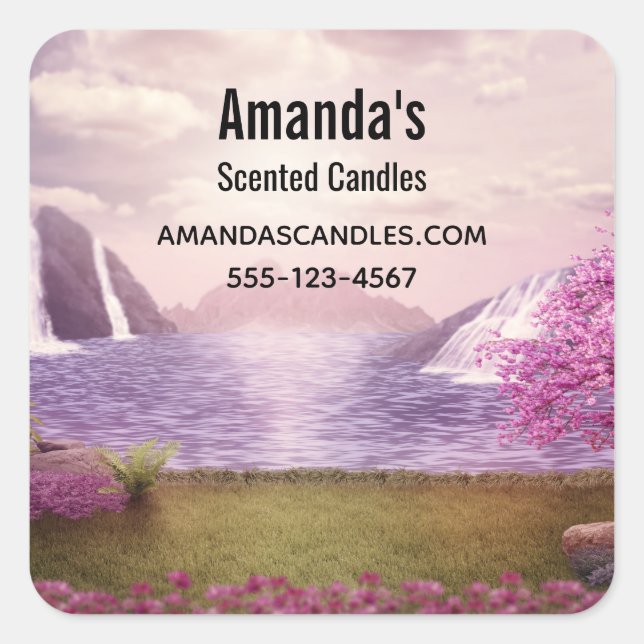 Waterfalls & Cherry Trees around a Lake Business Square Sticker (Front)