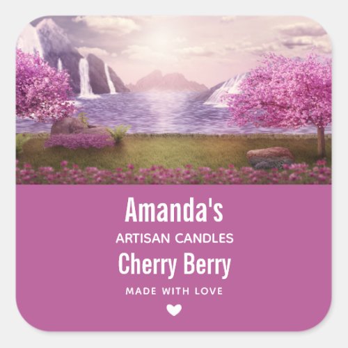 Waterfalls  Cherry Trees around a Lake Candle Biz Square Sticker