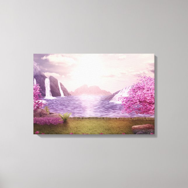 Waterfalls & Cherry Trees around a Lake Canvas Print (Front)