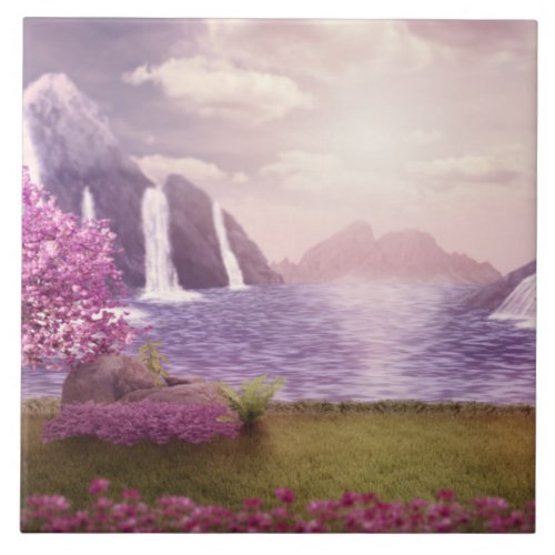 Waterfalls  Cherry Trees around a Lake Ceramic Tile