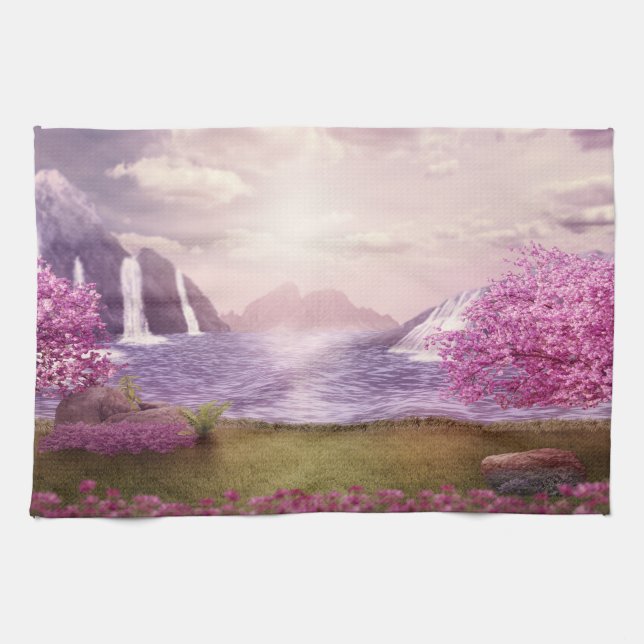Waterfalls & Cherry Trees around a Lake Kitchen Towel (Horizontal)