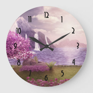Waterfalls & Cherry Trees around a Lake Large Clock