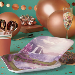 Waterfalls & Cherry Trees around a Lake Paper Plates