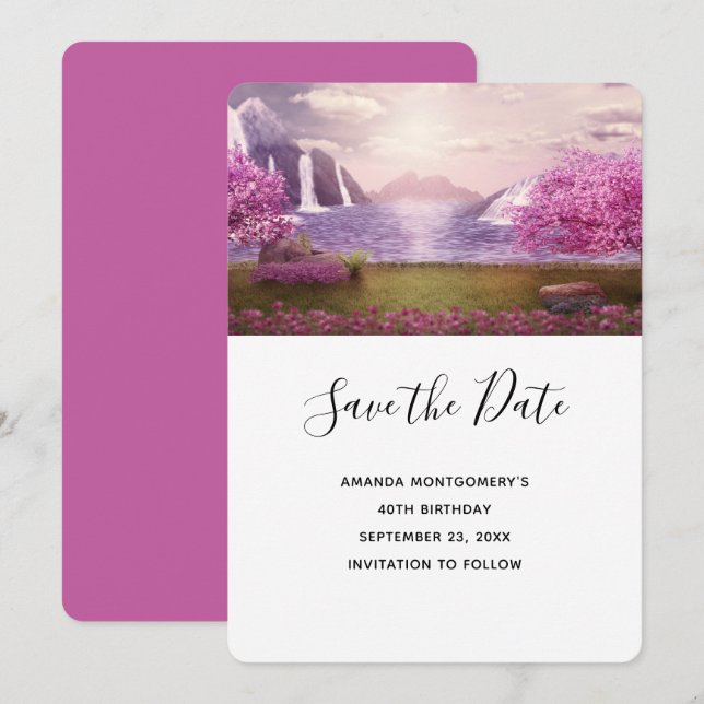 Waterfalls & Cherry Trees around a Lake Save The Date (Front/Back)
