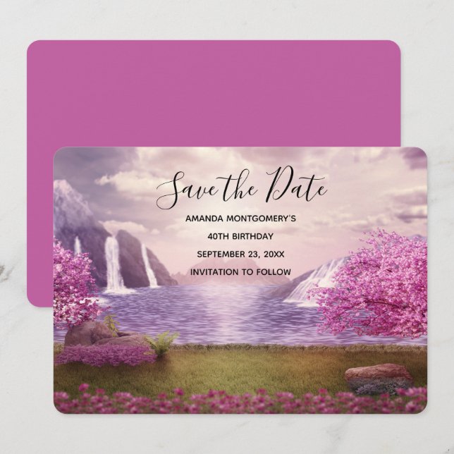 Waterfalls & Cherry Trees around a Lake Save The Date (Front/Back)