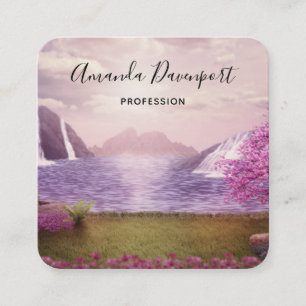 Waterfalls & Cherry Trees around a Lake Square Business Card