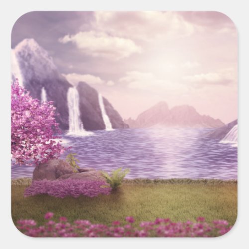 Waterfalls  Cherry Trees around a Lake Square Sticker