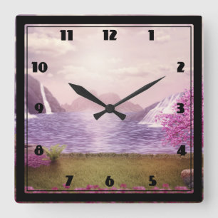 Waterfalls & Cherry Trees around a Lake Square Wall Clock