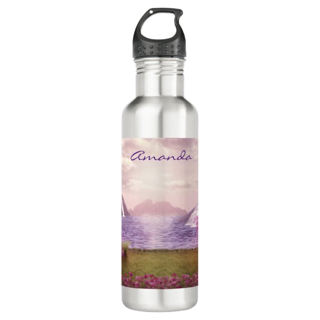 Waterfalls & Cherry Trees around a Lake Stainless Steel Water Bottle (Front)