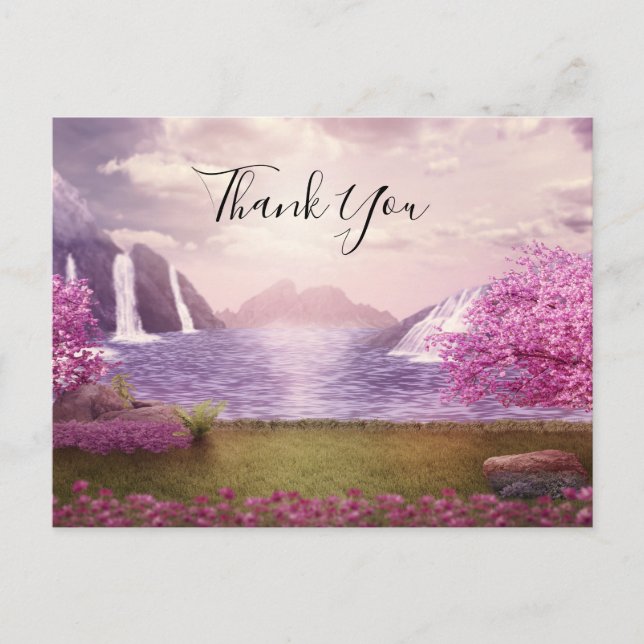 Waterfalls & Cherry Trees around a Lake Thank You Postcard (Front)