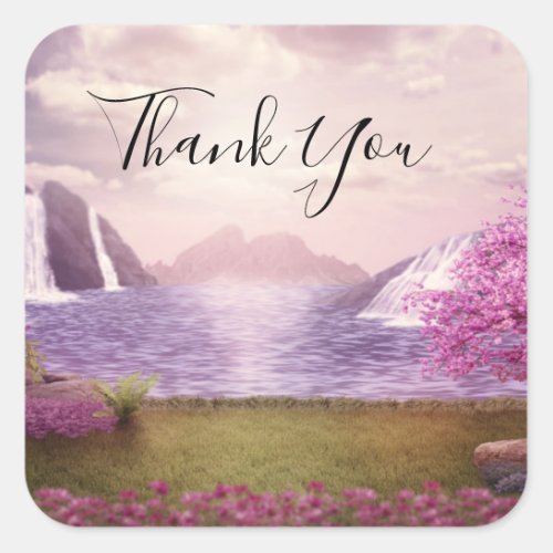 Waterfalls  Cherry Trees around a Lake Thank You Square Sticker