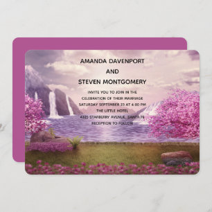 Waterfalls & Cherry Trees around a Lake Wedding Invitation