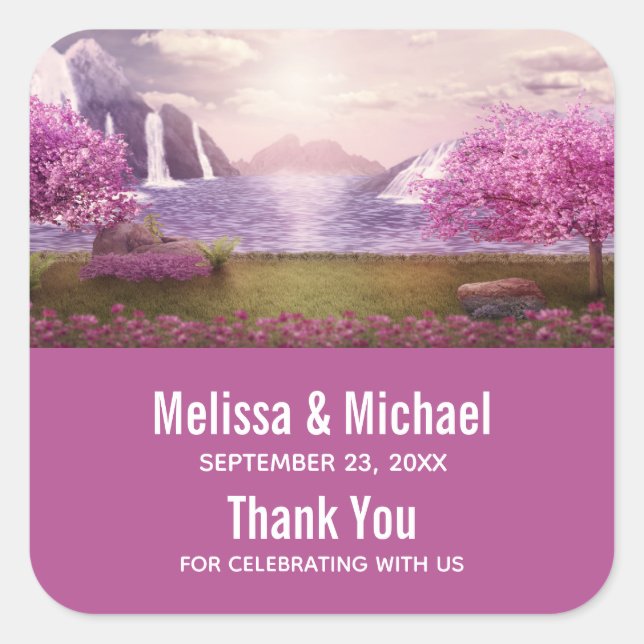 Waterfalls & Cherry Trees around a Lake Wedding Square Sticker (Front)