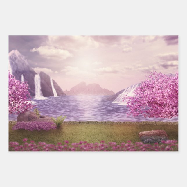Waterfalls & Cherry Trees around a Lake Wrapping Paper Sheets (Front)