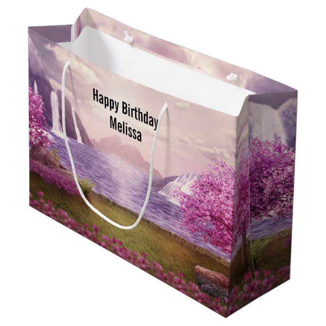  Waterfalls & Cherry Trees by a Lake Birthday Large Gift Bag (Front Angled)