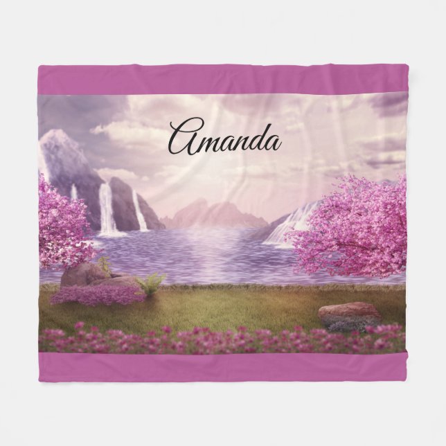 Waterfalls & Cherry Trees by a Lake Fleece Blanket (Front (Horizontal))