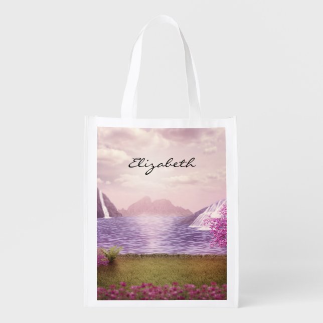 Waterfalls & Cherry Trees by a Lake Grocery Bag (Front)