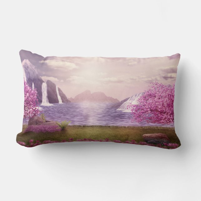 Waterfalls & Cherry Trees by a Lake Lumbar Pillow (Front)