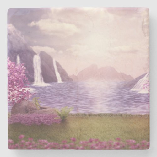 Waterfalls  Cherry Trees by a Lake Stone Coaster