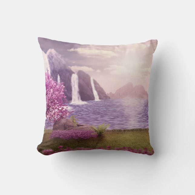 Waterfalls & Cherry Trees by a Lake Throw Pillow (Front)