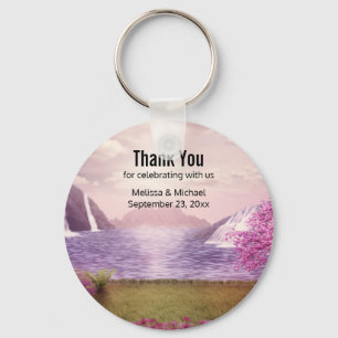 Waterfalls & Cherry Trees by a Lake Wedding Favor Keychain